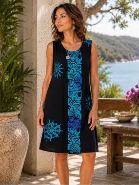 Bali Batiks Hand Painted Art To Wear Dress Blue Black Resort Sundress M